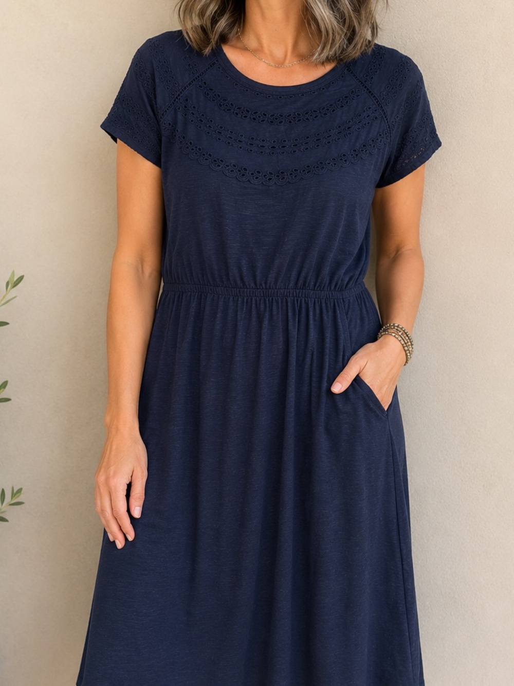 Talbots Navy Short-Sleeve Midi Dress with Eyelet Yoke Size P